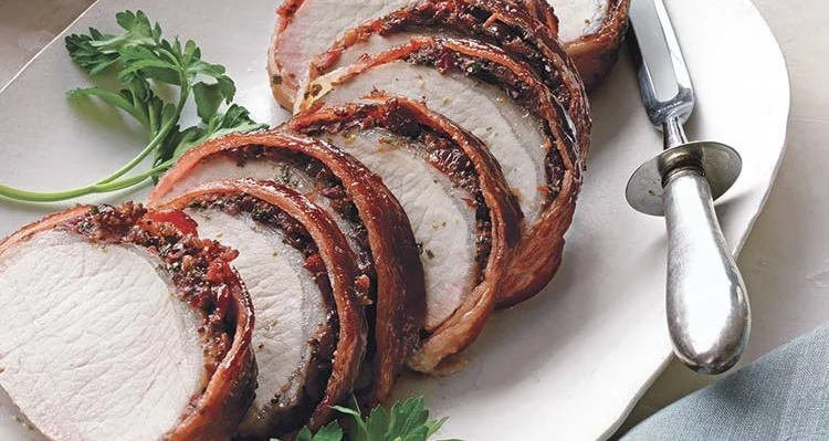 Bacon-Wrapped Pork Loin With Cherries