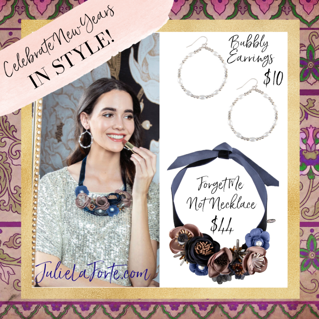 New Year’s Plunder Jewelry Drop bubbly earrings and forget me not necklace
