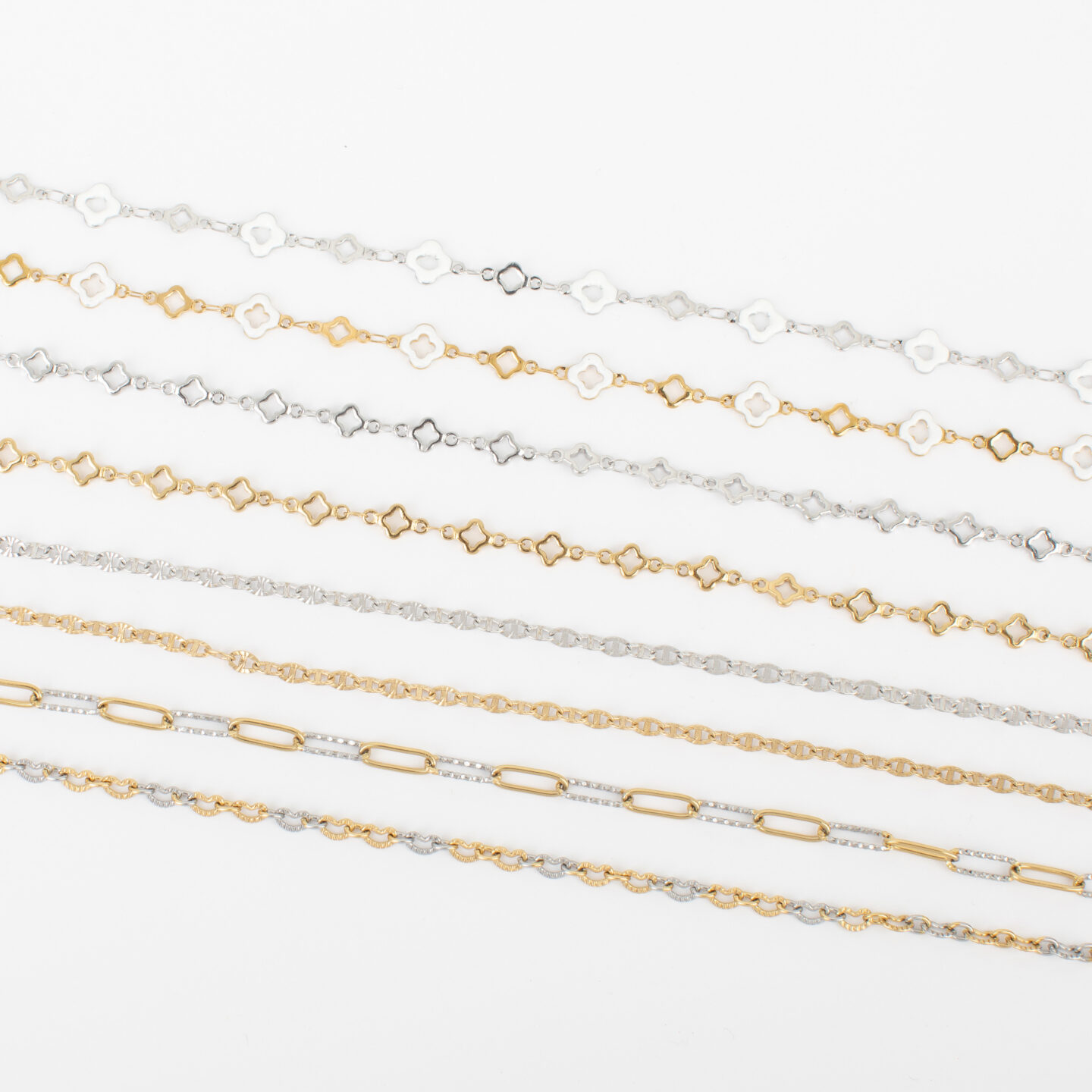 Gold and silver stainless steel chain styles, including clover, mariner and paperclip links, for jBloom PermaLinx permanent jewelry